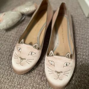 Charlotte Olympia Kitty Crystals Embroidered Ivory Satin Flats Size 39